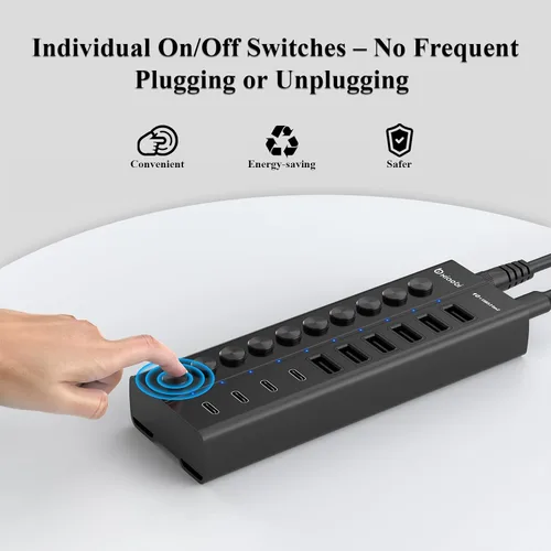 Vista 5 de Concentrador USB con alimentación, concentrador USB C de 10 puertos con 6 USB-A 3.2, 4 puertos USB-C 3.2, interruptores individuales y adaptador