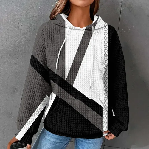 Vista 5 de Sudaderas con capucha para mujer, con cordón, de manga larga, con estampado de gofre, cómodos y elegantes con bolsillo