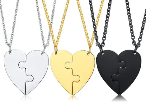 Vista 6 de Juego de 2 piezas de collar de acero inoxidable dorado en forma de corazón, collar negro para pareja, collar para él y ella, collares a juego