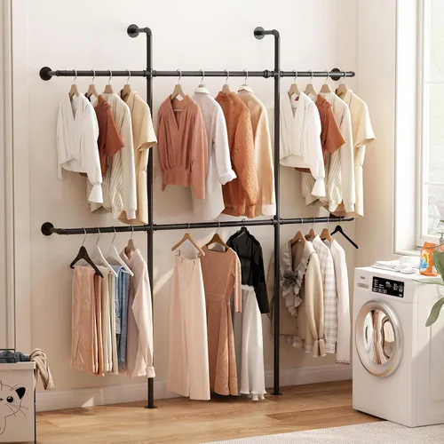 Vista 5 de Perchero Industrial de Tubería para Ropa de Montaje en Pared, Perchero Negro de Tubería para Ropa con 6 Varillas para Colgar, Perchero de Tubería