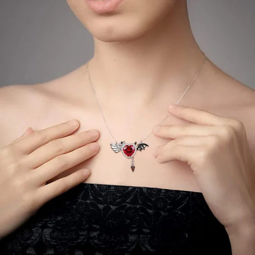 Vista 2 de Collar de medio ángel y medio diablo, símbolo de amor y ángel y diablo, colgante de alas de demonio, plata de ley, joyería de murciélago de Halloween