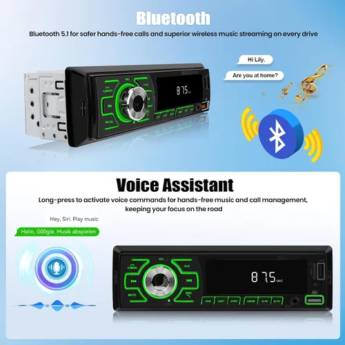 Vista 6 de SIXWIN - Radio para coche de un solo DIN, estéreo Bluetooth, receptor de audio multimedia para coche con control de voz, entrada AUX/USB/TF, control