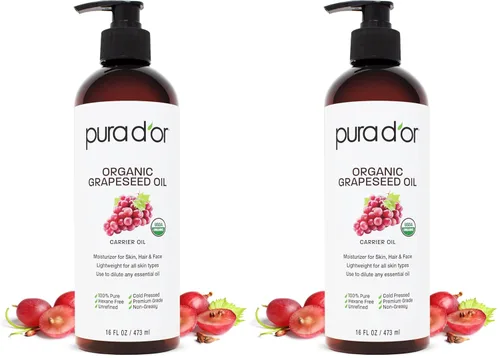 Vista 4 de PURA D'OR Aceite de semilla de uva orgánico de 16 onzas – Aceite portador prensado en frío 100% puro y natural certificado por la USDA – Ligero