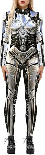 Vista 19 de Enterizo de mujer con estampado de esqueleto de robot mecánico 3D para Halloween, disfraz de cosplay