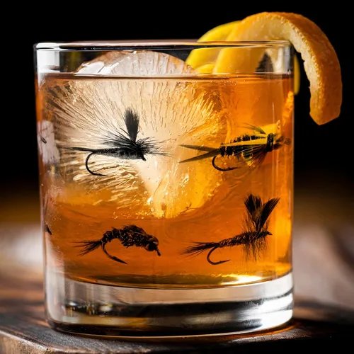 Vista 2 de Black Lantern Juego de 2 vasos de whisky de pesca con mosca, vasos de roca de 11 onzas con patrones de moscas serigrafiados, bourbon y whisky