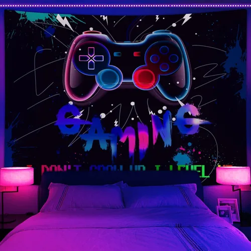 Vista 9 de Viajar Tapiz de juegos para hombre, arte de pared retro de los años 80 para dormitorio de niños, decoración del hogar de dormitorio universitario