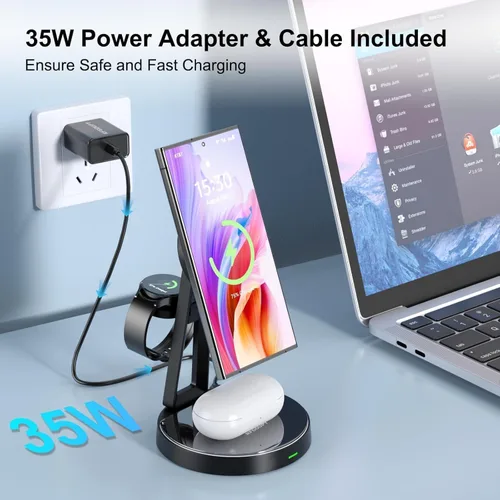 Vista 4 de Cargador inalámbrico Samsung Estación de carga 3 en 1 para Samsung Galaxy S25/S24/S23/S22 y Apple Watch 7/6/5/AirPods Cargador MagSafe
