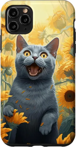 Vista 11 de iPhone 14 divertido gato ruso azul cara con girasol pintura caso