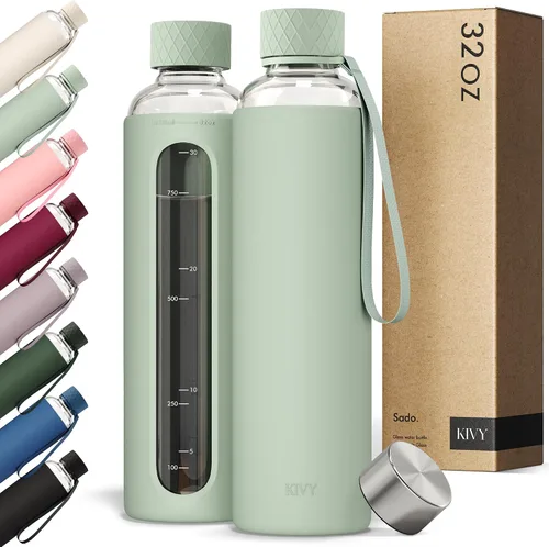 Vista 12 de KIVY Botella de agua de vidrio con funda de silicona de 22 oz