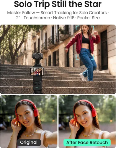 Vista 6 de Xtra Muse con microSD de 128 GB, cámara de vlogging con videos CMOS de 1 pulgada y 4K/120fps, cámara de bolsillo con estabilizador de cardán de 3