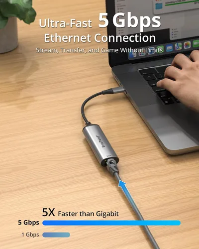 Vista 2 de BrosTrend Adaptador USB C a Ethernet de 5 Gb, adaptador de red Ethernet de aluminio a tipo C Plug & Play para Windows MacOS, etc., compatible