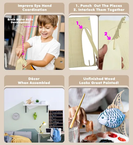 Vista 3 de Puzzled Rompecabezas 3D de madera de pez ángel, kit de modelo de construcción, divertido juguete de madera único y educativo, modelo de ensamblaje