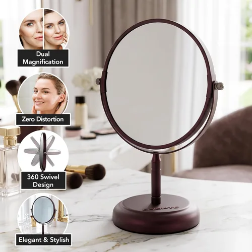 Vista 2 de OVENTE Espejo de maquillaje de mesa de 7 pulgadas, aumento de 1X y 5X, lupa redonda giratoria de doble cara, ideal para aparadores, tocador, oficina