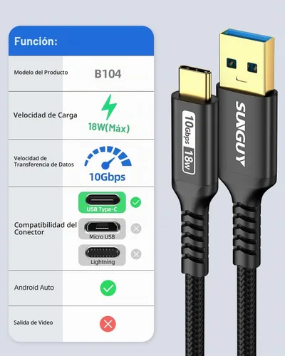 Vista 2 de SUNGUY Cable USB Auto Android de 10 Gbps de 6 pulgadas/0.5 pies, cable de transferencia de datos USB C 3.1 Gen2, cable USB C CarPlay de carga rápida