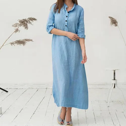 Vista 57 de Vestido de manga larga para mujer, casual, de algodón, lino, con botones, maxivestidos tipo caftán, blanco y azul