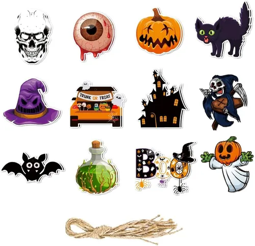 Vista 5 de Adornos de Halloween para árbol, decoraciones colgantes de árbol de Halloween, calabaza, gato negro, cráneo, murciélago, globo ocular, dulce
