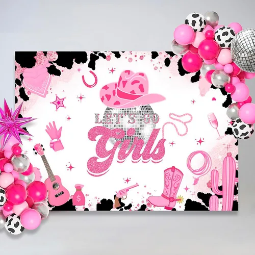 Vista 3 de Mocsicka Telón de fondo de disco de vaquera rosa con texto en inglés "Let's Go Girls", pancarta de cumpleaños para despedida de soltera, fin