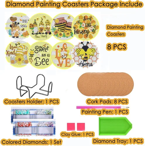 Vista 5 de TDOOW Posavasos de arte de diamante, 8 piezas de posavasos de pintura de diamante, kit de arte de diamantes de abeja para adultos, regalo