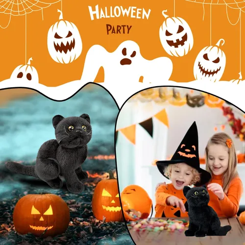 Vista 5 de Tiny Heart Juguete de peluche suave de imitación de gato negro de 9 pulgadas de largo, lindo y realista juguete de peluche de gato negro para niños