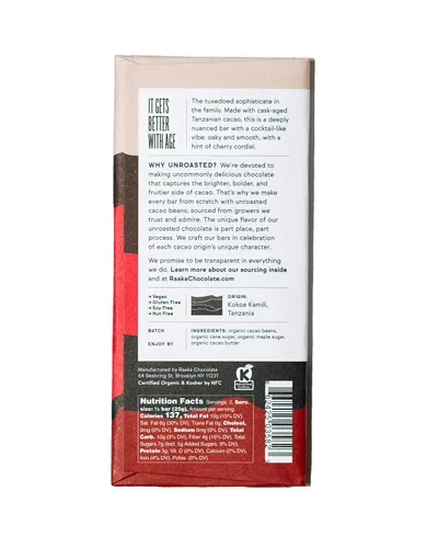 Vista 9 de Raaka Chocolate Bourbon Cask Aged 82% Chocolate negro Regalo de chocolate negro gourmet Orgánico, vegano, sin soja, sin gluten, Kosher Barras