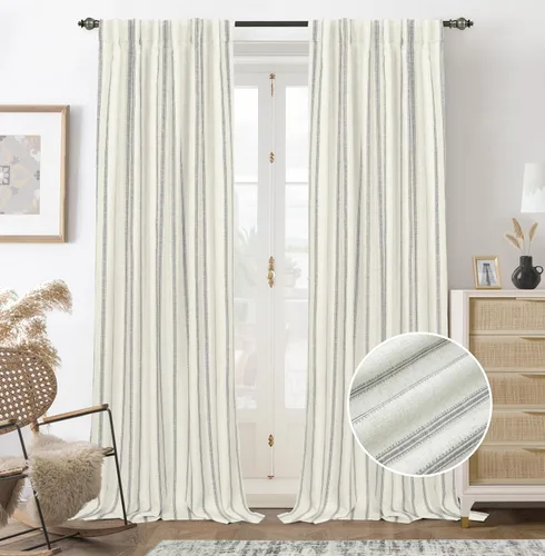 Vista 21 de DriftAway Cortinas opacas de mezcla de lino de granja de 90 pulgadas de largo para dormitorio, cortinas de lino con estampado de rayas verticales