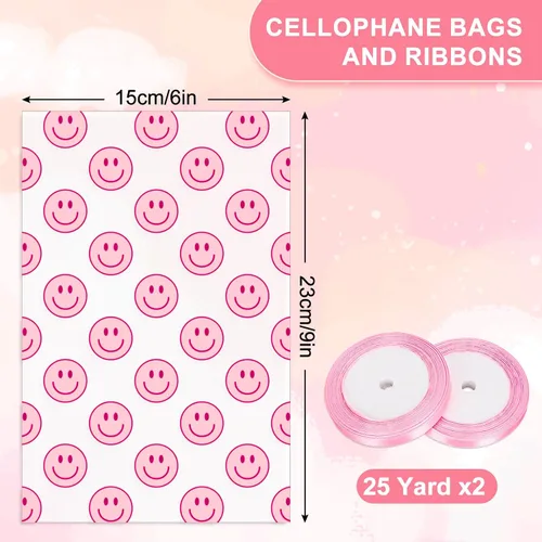 Vista 2 de Whaline 100 bolsas de celofán con patrón de sonrisa rosa con cintas, bolsas de golosinas para celofán con sonrisas, bolsas de golosinas