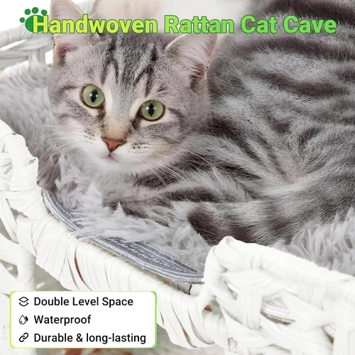 Vista 6 de Cueva de ratán tejida a mano para gatos con dos cojines, camas para gatos, casa de gatitos interior, impermeable y plegable, color blanco, 16.5