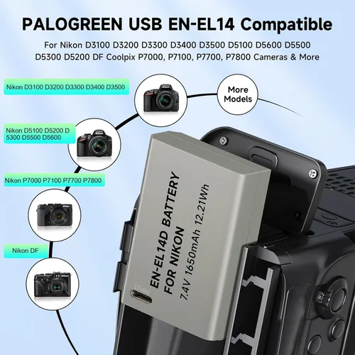 Vista 3 de EN-EL14, EN-EL14A USB C Batería de repuesto de carga directa para Nikon D3500, D3100, D3200, D3300, D3400, D5100, D5200, D5300, D5500, D5600, DF