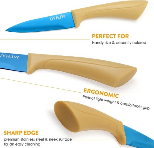 Vista 4 de Cuchillo de pelar azul profesional de alta nitidez, cuchillos de cocina con fundas, aporta color a la vida - Cuchillo de 8,9 cm de acero inoxidable