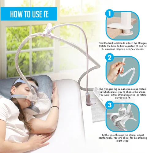 Vista 2 de Soporte para manguera CPAP para evitar fugas y enredos en el tubo, ajustable, extraíble y resistente, organizador de cama, soporte para máscara