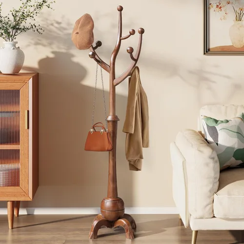 Vista 15 de Perchero de Madera Independiente con 8 Ganchos, Soporte para Abrigos de Servicio Pesado con Base Estable, Perchero Vintage de Pie para Entrada