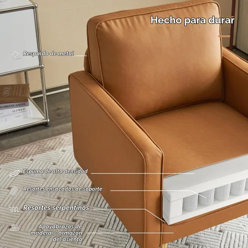Vista 5 de VINGLI Silla de acento moderna de cuero PU para sala de estar, silla cómoda de dormitorio, silla de lectura con brazos con patas de metal dorado