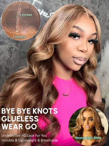 Vista 2 de KLAIYI Bye Bye Knots Peluca Sin Pegamento Ombre Highlight Rubio Body Wave Precortada 7x5 Encaje Frontal Pelucas Cabello Humano Pre Plucked Body Wave