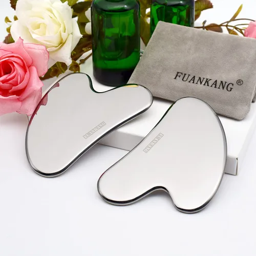Vista 3 de Gua Sha - Herramientas faciales con bolsa de viaje, herramienta de masaje de raspado de acero inoxidable para cara