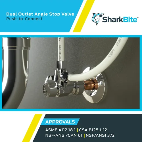 Vista 5 de SharkBite Válvula de parada de ángulo de salida doble de compresión de 1/2 x 3/8 pulgadas, cuarto de vuelta, Empuje para conectar accesorios