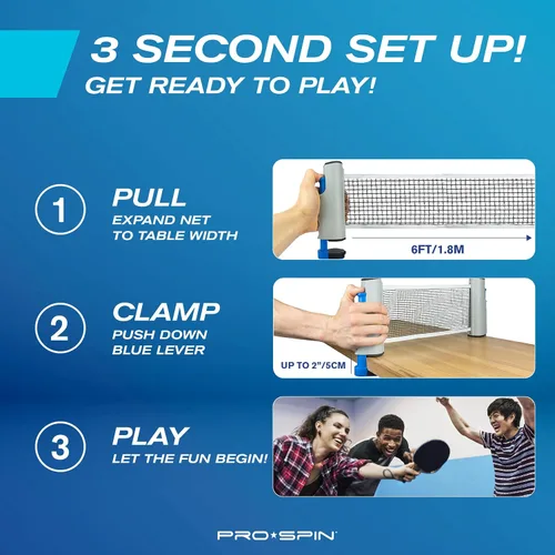 Vista 4 de PRO-SPIN Portable Ping Pong Set with Retractable Ping Pong Net for Any Table, All-in-One Table Tennis Set with Ping Pong Paddles, Balls & Case