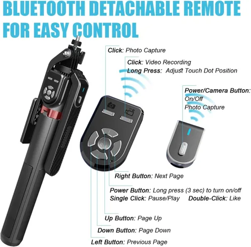 Vista 7 de Soporte extensible de 86 pulgadas con rotación de 360° para selfie y trípode con control remoto inalámbrico Bluetooth dual y 2 luces LED de relleno