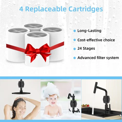 Vista 3 de Filtro de ducha negro para agua dura, filtro de ducha de 24 etapas con 4 cartuchos de filtro reemplazables que protege tu piel y cabello del cloro