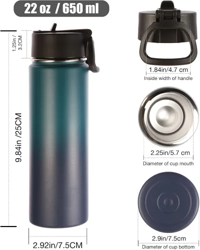 Vista 2 de Volhoply Botellas de agua aisladas con popote a granel, paquete de 4, botellas deportivas de acero inoxidable de 22 onzas con asa, tazas de agua