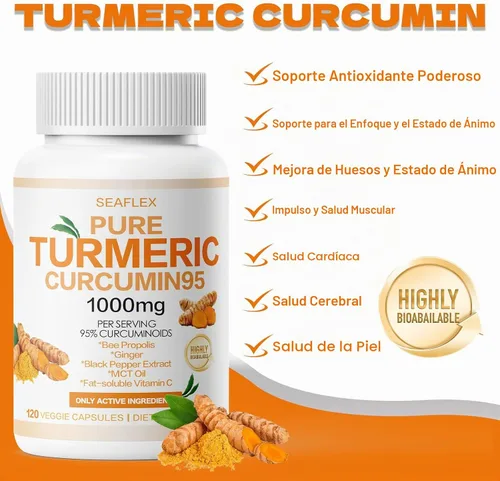 Vista 4 de Curcumina de cúrcuma 95 1000 mg, 95% complejo de curcuminoides con propóleo de abeja y bioperina, 120 cápsulas, suplemento de apoyo