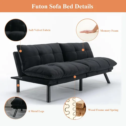 Vista 5 de Anwick Sofá cama futón convertible de terciopelo, sofá cama de 71 pulgadas con respaldo ajustable, moderno sofá biplaza para sala de estar compacta