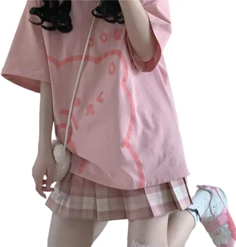 Vista 4 de Camiseta japonesa Kawaii con estampado de oso de dibujos animados para mujer, linda camiseta suelta para niña, color rosa, Rosado