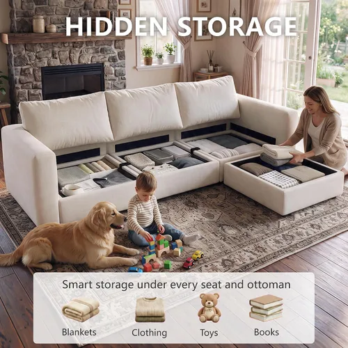 Vista 3 de Sofá modular Cloud modular con almacenamiento, sofá nube profundo de gran tamaño, sofá beige para sala de estar, sofá en forma de L de 99 pulgadas