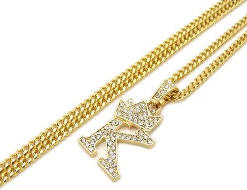 Vista 3 de Colgante empedrado de letra inicial con corona, pequeño de 0.12 pulgadas y unisex, collar de cadena cubana de 24 pulgadas en oro, tono plata.