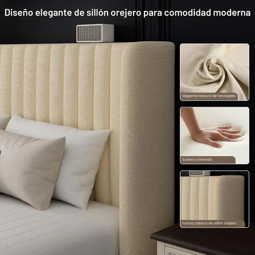 Vista 5 de Einhomn Cama de almacenamiento elevable de tamaño completo con cabecera de ala, marco de cama tapizado de lino con soporte de listones de madera