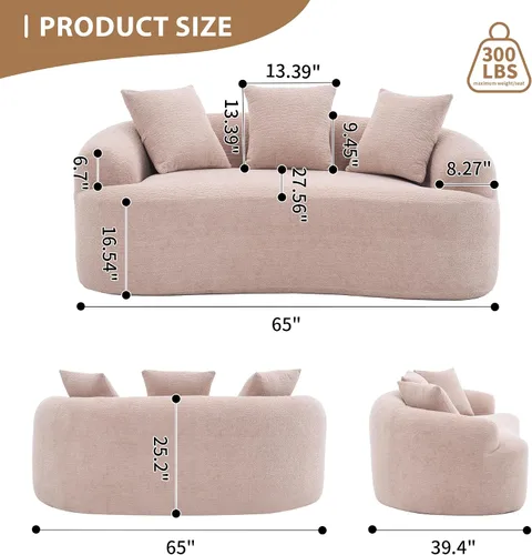 Vista 2 de Sofá modular curvo de 65 pulgadas para sala de estar, moderno sofá modular de felpilla de felpa con asiento profundo comprimido sin hueso con 3