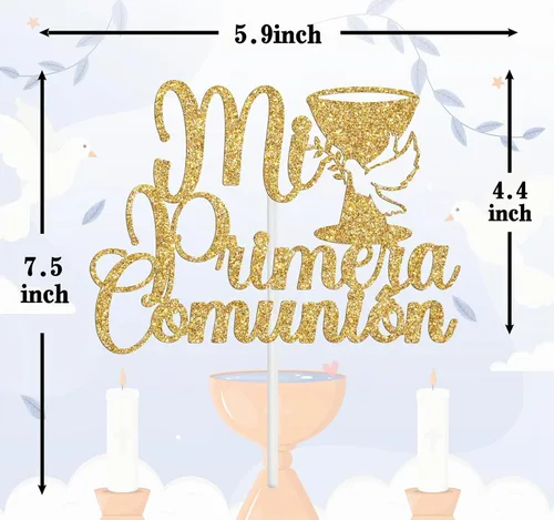 Vista 6 de Mi Primera - Decoración para tartas de comunión, decoración de pastel de primer bautismo de bebé español, primera comunión/Dios bendiga/suministros