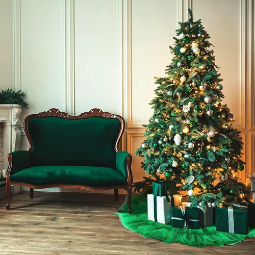 Vista 5 de Tatuo Falda de árbol de Navidad con volantes de 4 capas de tul redonda esponjosa y brillante, adorno para decoración de Navidad y vacaciones