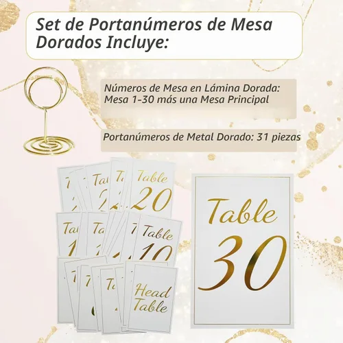 Vista 5 de Tarjetas de números de mesa doradas del 1 al 30 con tarjeta de mesa