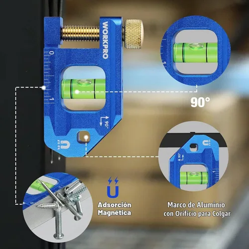 Vista 3 de WORKPRO Nivel de flexión del conducto, nivel magnético de torpedo pequeño, frasco de burbujas para medición de 90°, construcción de aleación